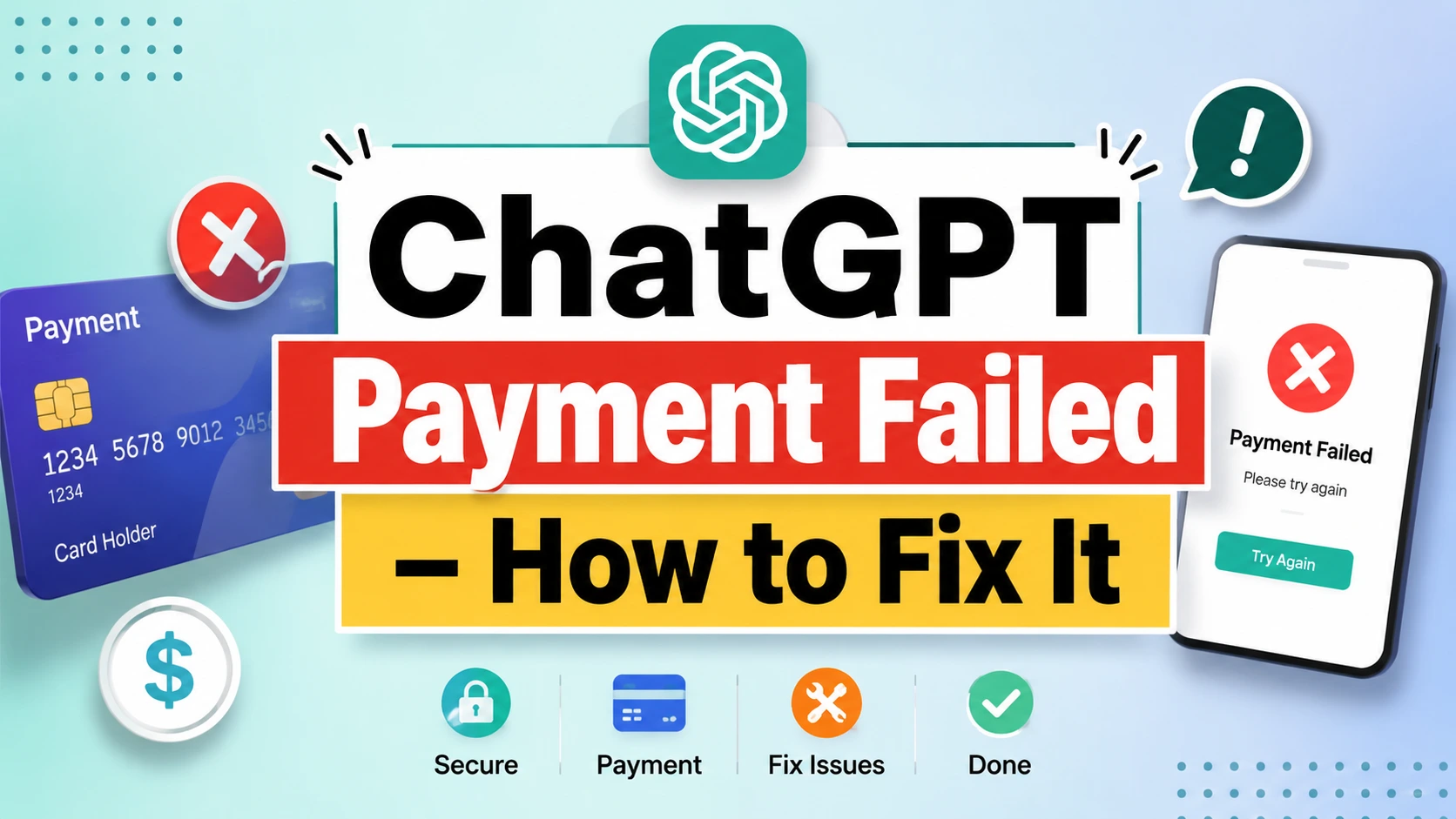 ChatGPT payment failed error screen with credit card and troubleshooting steps