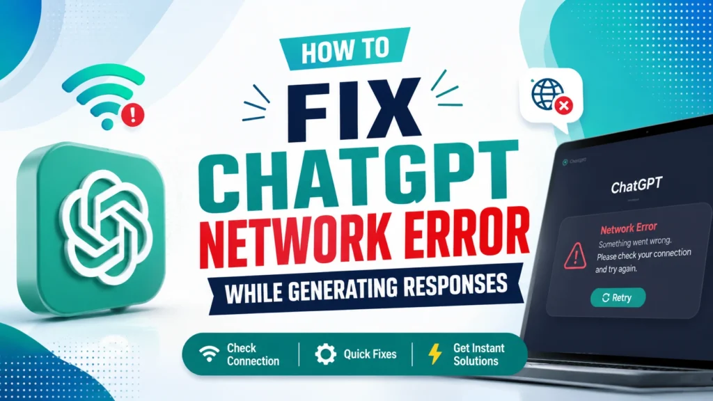 Troubleshooting guide showing how to fix ChatGPT network error while generating responses with step-by-step solutions